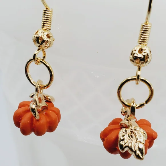 Orange pumpkin earrings 18k gold filigree handmade artisan fall Thanksgiving New - Picture 5 of 6